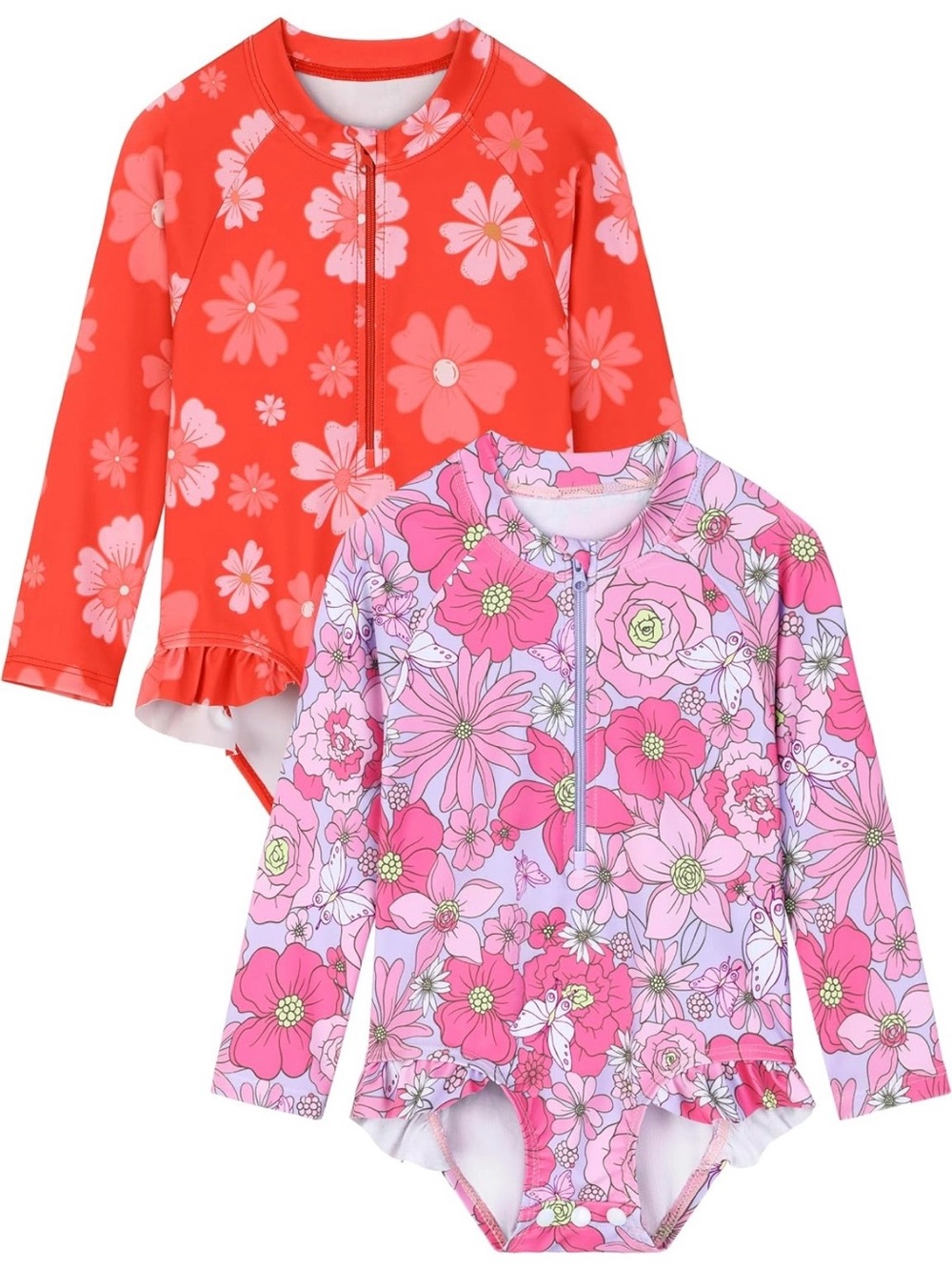 Kids' Floral Long Sleeve Rash Guard Swimsuit Set - Pink & Coral